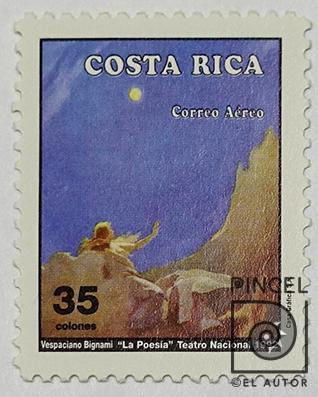 Sello postal de la obra La Poesía o La Luna  TCC El beso o la noche. Sello Postal por Bignami, Vespaciano (extranjero). Teatro Nacional. Museo Filatélico