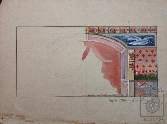 Boceto para embocadura del Teatro Municipal de Alajuela por Bonilla, Lydio. Escuela Nacional de Bellas Artes