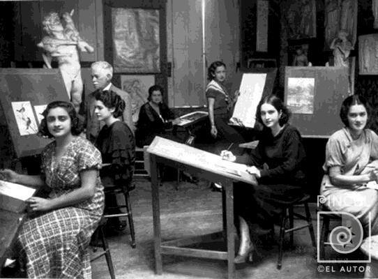 Clase con Don Tomás Povedano. Alumnas por Escuela Nacional de Bellas Artes. Povedano, Tomás. Zeller de Peralta, Lolita