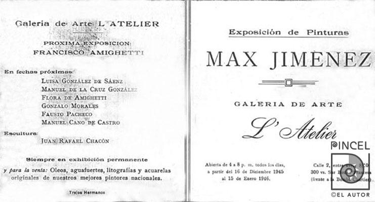 Anuncio de futura exposición de algunos artistas en Galería L`Atelier por González de Sáenz, Luisa. Cano de Castro, Manuel. González, Manuel de la Cruz. Luján, Flora. Pacheco, Fausto. Morales Alvarado, Gonzalo. Chacón, Juan Rafael