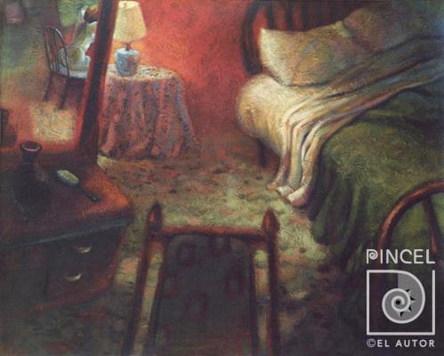 Dormitorio con lámpara y señora. por Hine, Ana Griselda