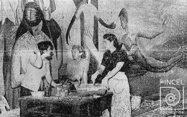 Flora Luján pintando mural en la antigua Escuela Normal. La acompaña Margarita Bertheau y Floria Pinto por Luján, Flora. Bertheau, Margarita. Pinto, Floria
