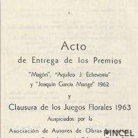 Programa de mano dela Entrega de Premios Magón, Aquileo J. Echeverría y Joaquín García Monge 1962 y clausura Juegos Florales por Documental
