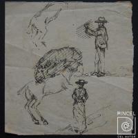 Caballo y dos personajes (boceto) (por delante), Recolectando trigo (por detrás) por Echandi, Enrique