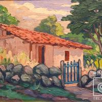 Casa de adobe con tapia de piedra por Pacheco, Fausto