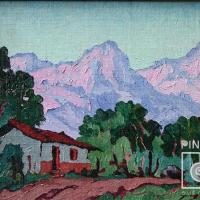 Casa con montañas rosadas al fondo por Pacheco, Fausto