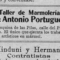 Anuncio del Taller de Marmolería de Antonio Portuguez por Portuguez Fucigna, John. Documental
