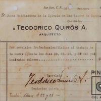 Recibo de dinero por la construcción de la Iglesia de San Isidro de Coronado por Quirós, Teodorico. Documental