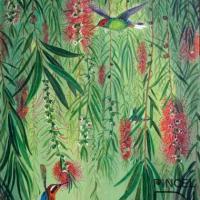 Bottle brush tree and hummingbirds por Sáenz de Langlois, Flora